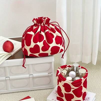 1pc Chic Red & White Heart Print Drawstring Makeup Bag - Compact Organizer For Skincare, Lipstick, Phone Accessories - Stylish Earbud Pouch With Zipper Closure, Makeup Pouch