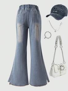 少女款松紧腰带口袋不对称下摆休闲喇叭牛仔裤 - 藍色 - 查看 2