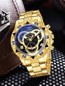 4件套男士金表带时尚休闲商务几何图案极简表盘石英表、手链、十字架项链、戒指首饰套装，适合日常佩戴或作为节日礼物 - 金色 - 查看 3