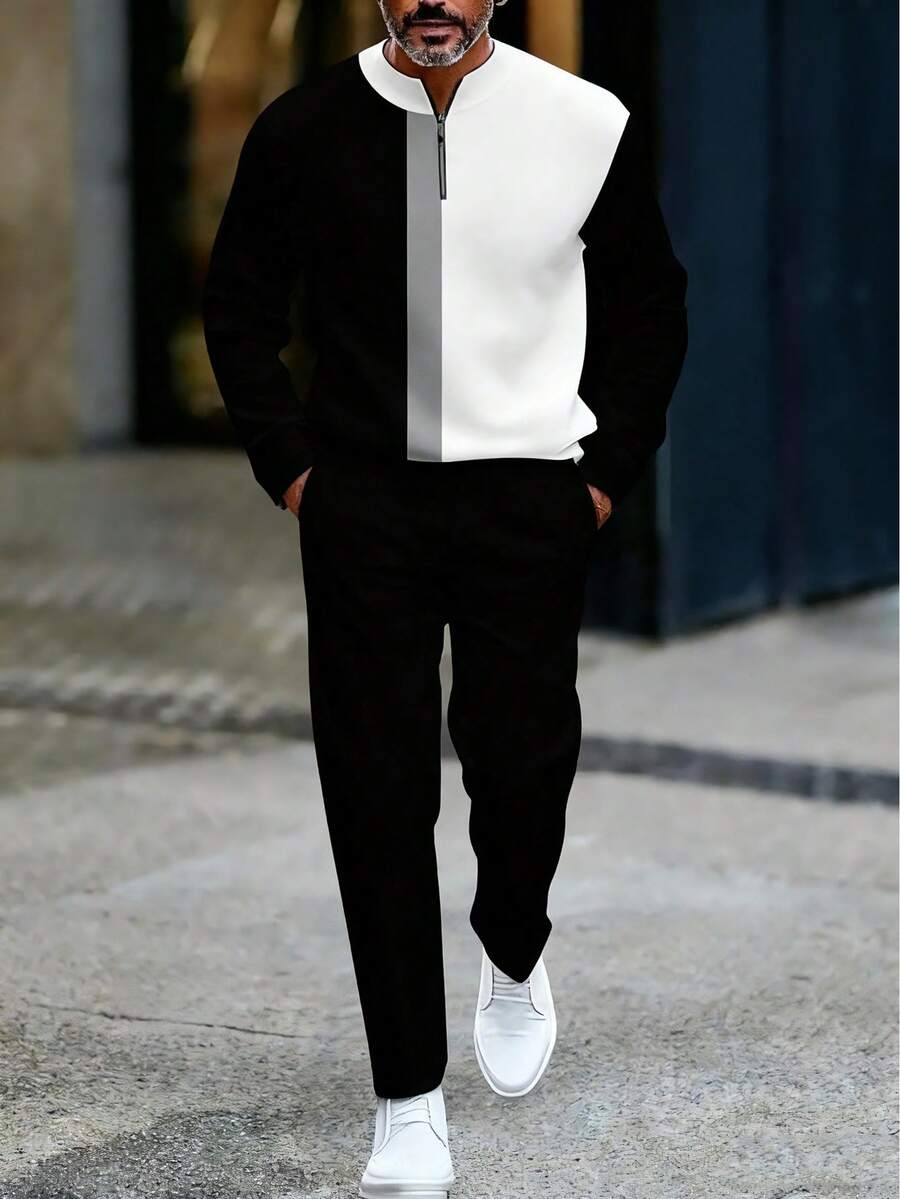 2-Piece Men's Black And White Contrast Tracksuit | Half-Open Collar | Breathable And Comfortable | Perfect For Everyday And Weekend Wear, Perfect For Casual Street Style - 黑與白 - 查看 1