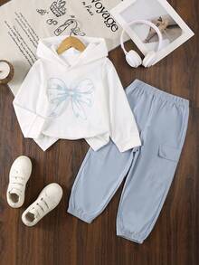 Conjunto de sudadera con capucha con estampado de mariposas + pantalones casuales para niñas - Conjunto dulce y de moda