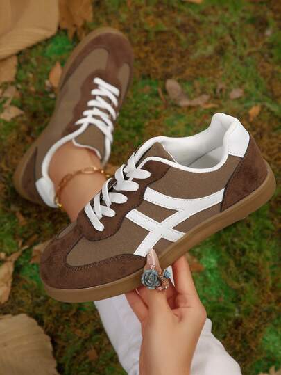 Brown Flat Casual Sports Shoes Lace-Up Trainers Leather Sneakers, Suitable For School, Casual, Elegant, Slip-On, Running, All-Match