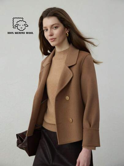 新款女士双面羊毛大衣，100%纯羊毛，前短后长，纯色西装领，时尚羊毛大衣，优雅女士冬季外套，女士羊毛大衣，女士冬季，优雅女士外套，女士大衣