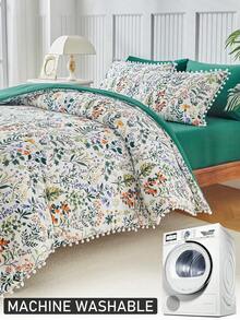 2/3件套绿色植物叶子图案印花涤纶被套组，带绒球流苏，现代田园风四季皆宜床上用品套装，柔软透气，可机洗（1个被套+1/2个枕套，不含填充物） - 綠色 - 查看 8