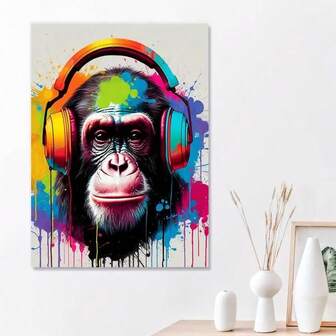 1pc Unframed Colorful Graffiti Animal Canvas Print Poster, Bear Monkey With Headphone Canvas Wall Art, Artwork Wall Painting For Bathroom Bedroom Office Living Room Wall Decor, Home Decoration