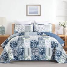 3 Pieces Patchwork Quilt Set King Size, Blue  Plaid Design Bedding Set, Soft N Cozy Microfiber Quilt, Lightweight Bedspread Bed Cover For All Season,Christmas Gifts - 藍色 - 查看 6
