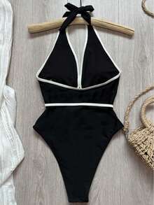 新款春夏休闲性感优雅撞色挂脖连体泳衣，适合海滩、度假、派对、约会等场合。 - 黑色 - 查看 3