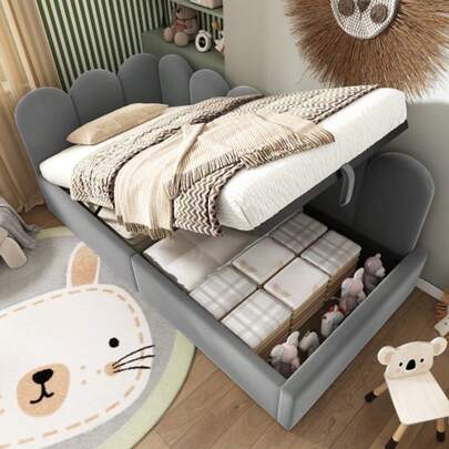 Upholstered Daybed 90x200 Cm, Daybed Sofa Bed With Hydraulic Storage, Children's Bed With Metal Slatted Base, Velvet, Grey, Without Mattress