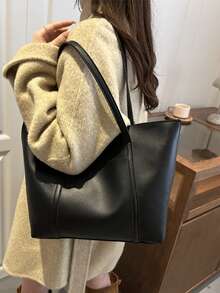 Bolso de hombro de color contrastante de moda, bolso de tela versátil y vintage para ir al trabajo - Negro - Ver 10