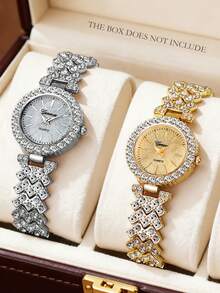 2pcs Women's Fashionable And Casual Quartz Watch, Round Luxury Full Diamond Watch, Paired With Diamond Studded Bracelet Jewelry Combination Set, Suitable For Daily Wear, Festivals And Parties, The Best Gift For Women.
