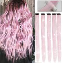 5pcs Colorful Mixed Glitter Clip-In Hair Extensions, Multi-Color Party Highlights Clip-In Synthetic Straight Hair Extensions, Suitable For Women And Girls - Baby Pink - View 10
