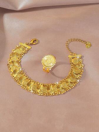 1pc Versatile 24K Gold Plated Coin Bracelet & Ring Set, Jewelry Gift Suitable For Women's Daily And Holiday Wear