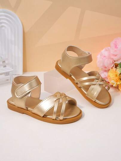 1 Pair Of Girls' Golden Cross Strap Sandals With Metallic Texture, Faux Leather, Exposed Toe, Low Cut, Hook And Loop, Flat Heel, Sweet Princess Style Sandals, Summer Performance, Daily School Shoes