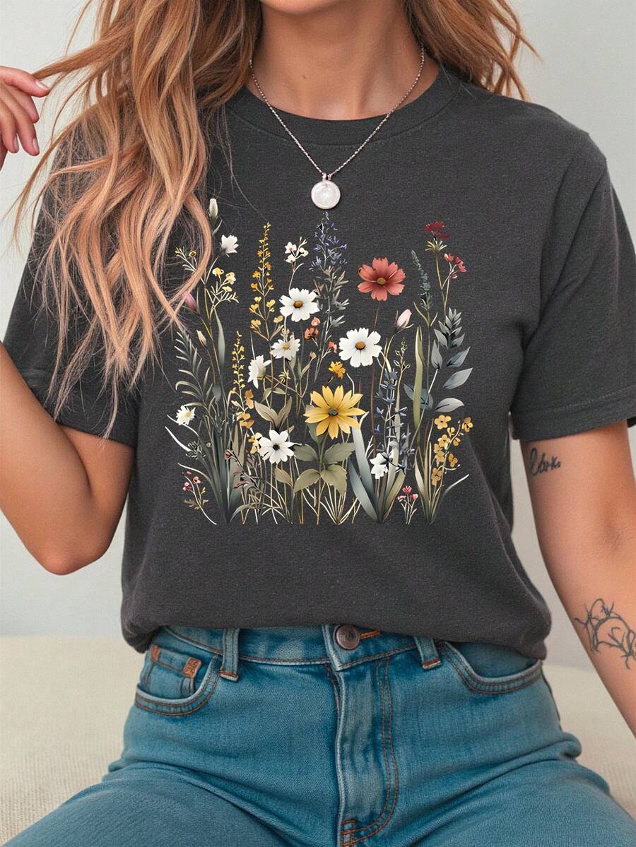 Damen Lässig Kurzarm Rundhals T-Shirt