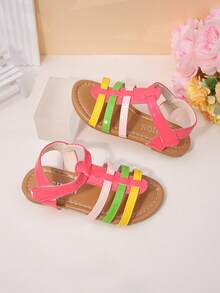1 Paar Mädchen Regenbogen-farbige Sandalen mit glänzendem PU-Leder, offene Zehen, flacher Klettverschluss, Dopamin-süßer Stil Sandalen, für Sommer, Park, Urlaub und Alltag - Verschiedenfarbig - Übersicht 3