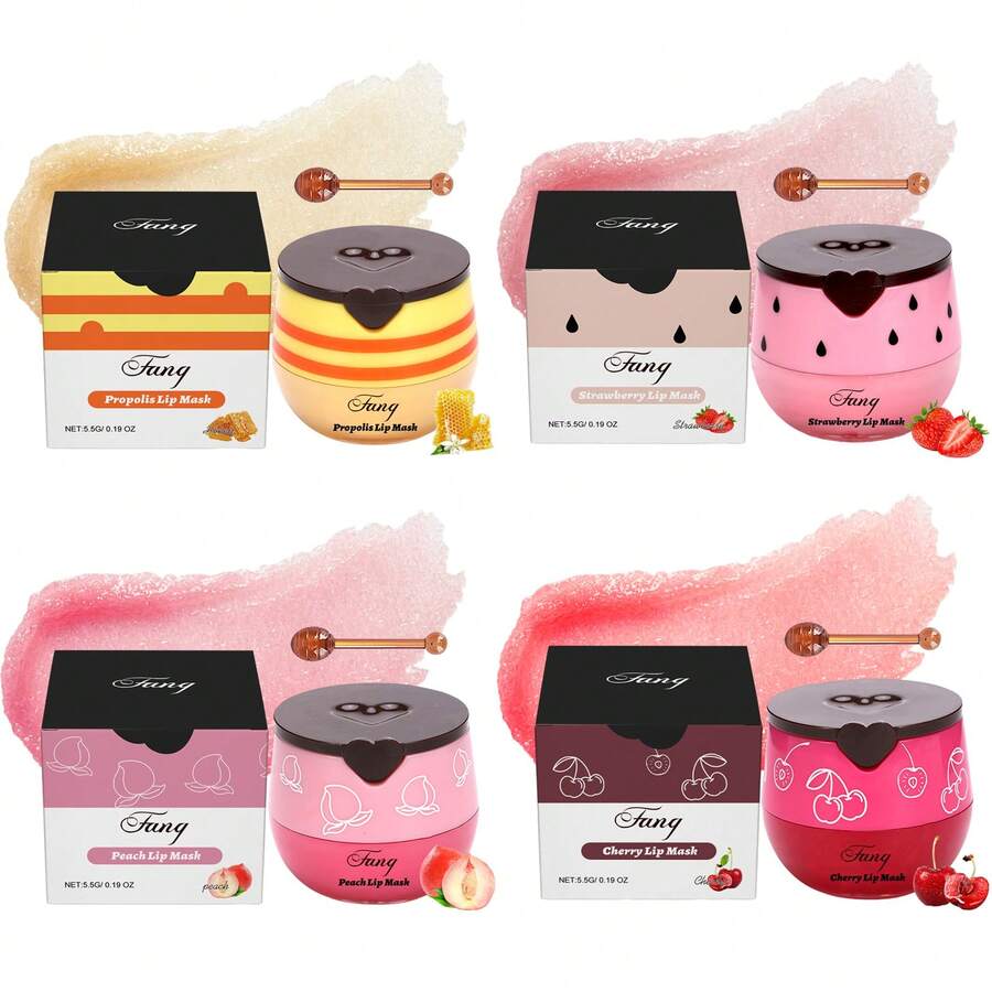 四件套唇膜和唇部磨砂膏套装 - 保湿睡眠唇膜，减少唇纹；草莓、蜂蜜、樱桃和桃子口味润唇膏；唇部去角质磨砂膏 - 彩色 - 查看 1