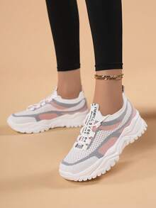 Women Breathable Knit Sneakers Lightweight Soft Sole Casual Daily Walking Shoes - Pink - View 3