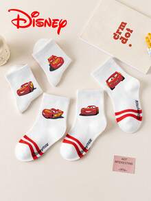 Disney 5 Pairs Cars Cartoon Pattern Kids Mid-Calf Socks With Black & White Stripes, Adorable Design, Fashionable Casual Breathable Red Stripe Student Socks, Suitable For Daily Wear, Back To School, Holiday Gifts - Multicolor - View 3