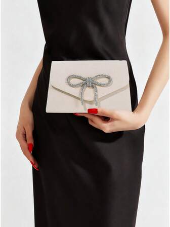 红色迷你丝绒手提包，闪亮水钻蝴蝶结装饰，带链条，女士晚宴包，适合派对和婚礼