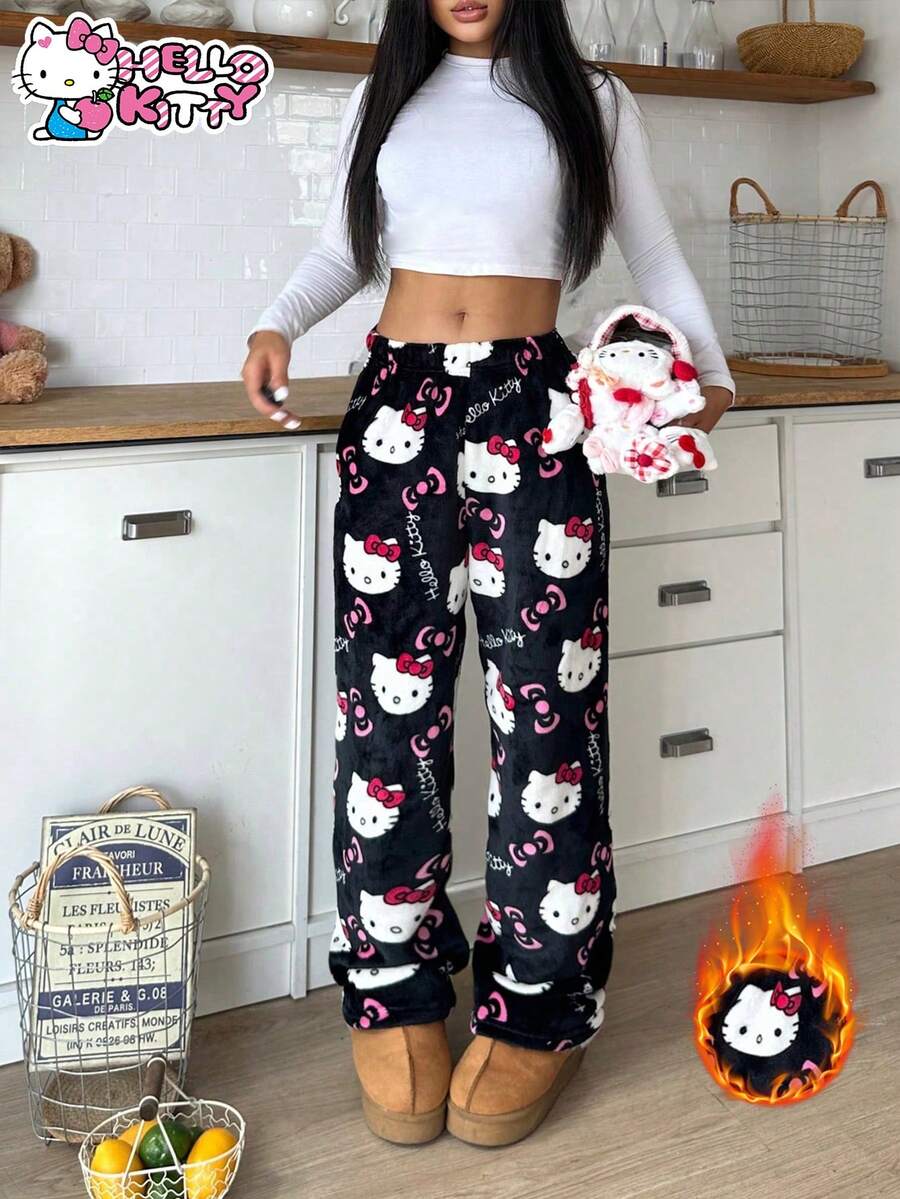 SANRIO 1 chiếc quần dài nữ bằng vải nhung mềm mại, ấm áp, dễ thương và thoải mái cho mùa thu/đông. - màu đen - Xem 1