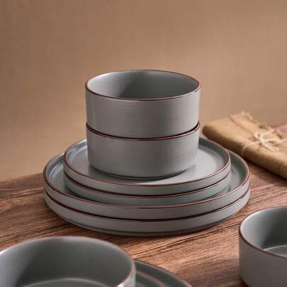 Richmount 12-Piece Plates And Bowls Set, Stoneware Dinnerware Sets For 4, With Unique Rufous Rim