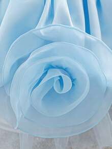 女婴斜肩3D立体花朵后背蝴蝶结缎面可爱生日礼服，适合花童、婚礼、派对等场合，不含头饰 - 淺藍色 - 查看 9