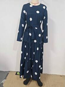 女士端庄优雅休闲宽松长袖波点印花圆领长袍 - 藏蓝色 - 查看 1