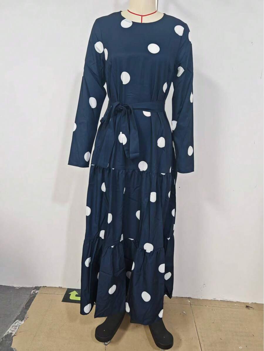 女士端庄优雅休闲宽松长袖波点印花圆领长袍 - 藏蓝色 - 查看 1