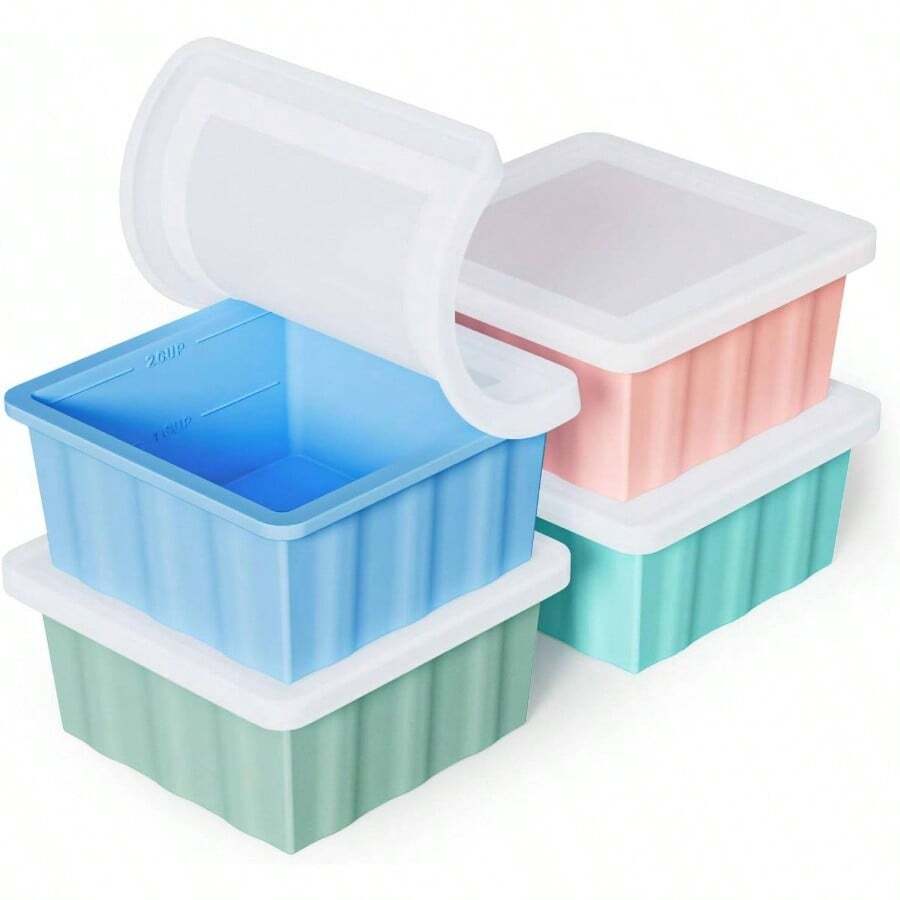 Silicone Freezer Tray : 2 - Cup Freezing Trays With Lid Meal Prep - 4Pack Silicon Soup Portion Freeze Tray Make Stock Souped Cube - 綠色+藍色+淺綠色+粉紅色 - 查看 1