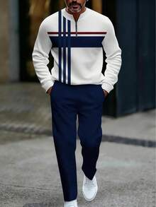 2-Piece Set, New European And American Men's Long Sleeved Zipper Small Stand Up Collar Fashionable Sportswear Set, Long Sleeved Sportswear And Drawstring Pants Casual Set, Suitable For Any Holiday Gift - Màu sắc hỗn hợp - Xem 2