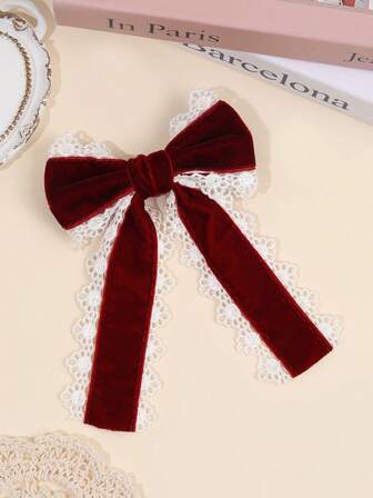 1 pieza Lazo de cabello rojo vino para niñas, elegante lazo de terciopelo con clip de caimán, borde de encaje blanco, pasadores de invierno y otoño cálidos, diaria, simple, accesorio de cabello para adolescentes