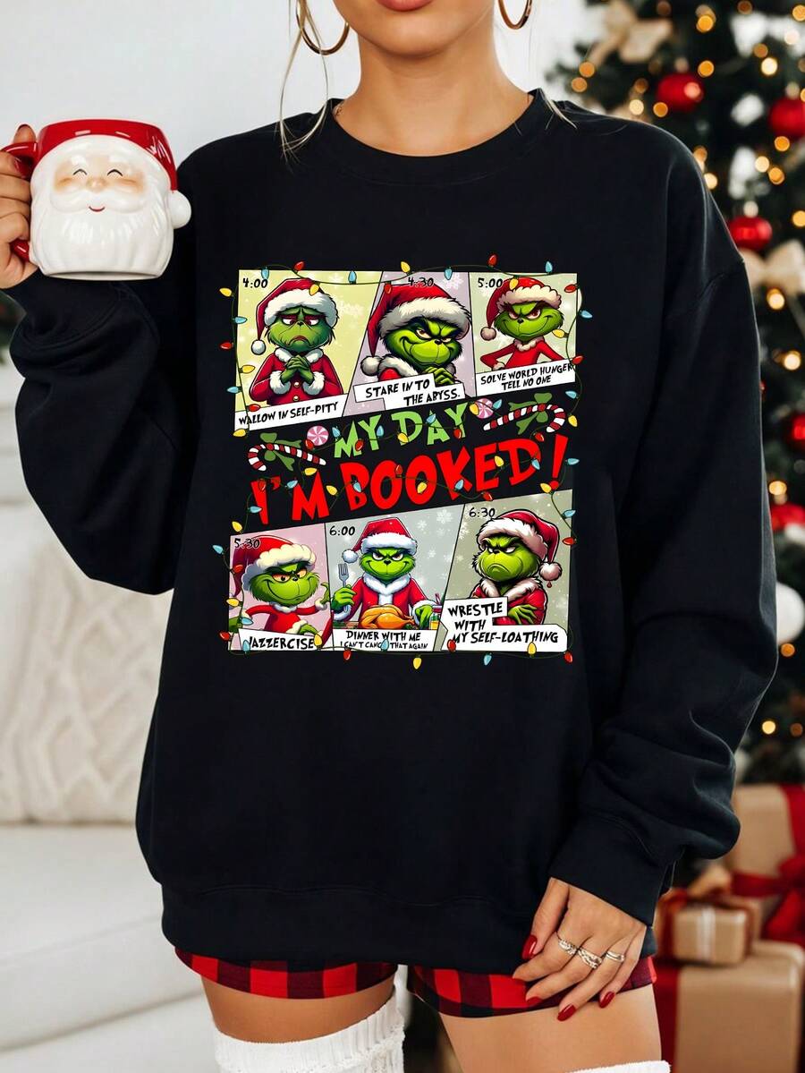 Christmas Crewneck Sweatshirt, Holiday-Themed "My Day Is All Set" Gift T-Shirt, Christmas-Themed "Juville University", Retro Holiday Pullover. - 黑色 - 查看 1