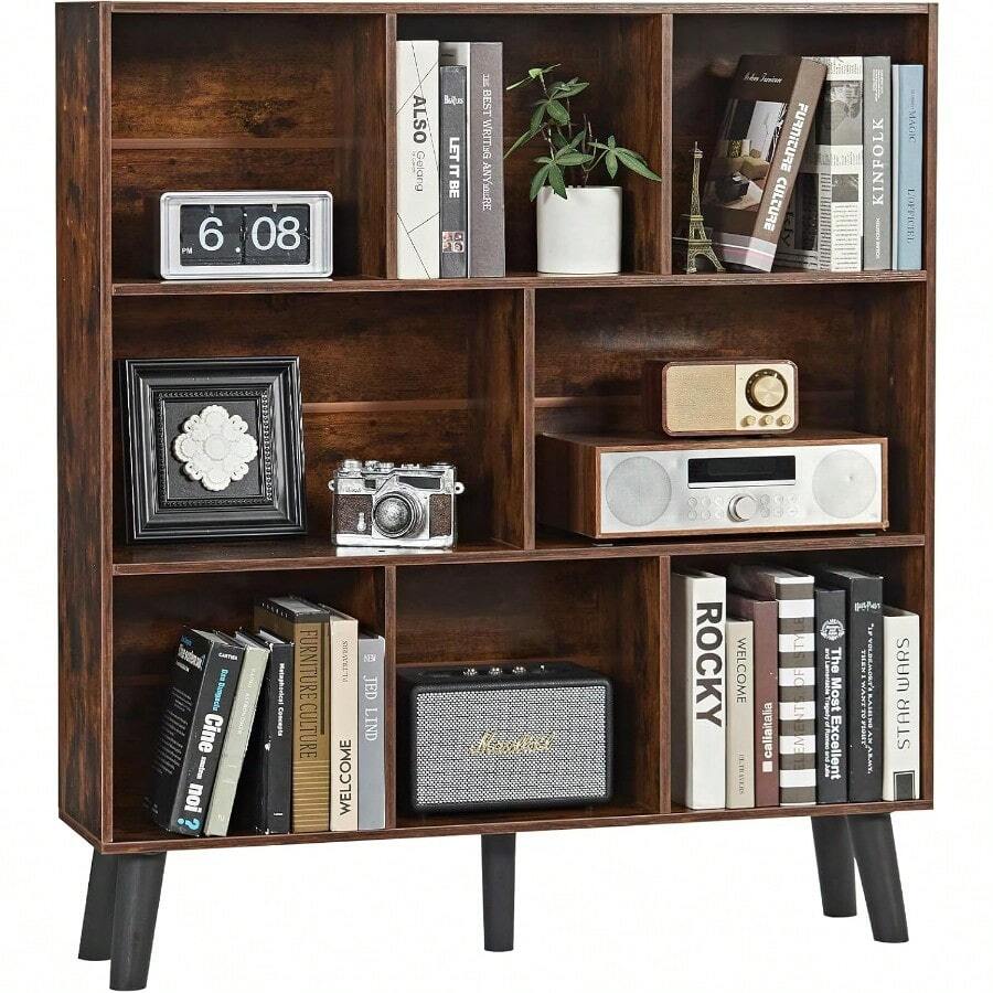 8 Cube Brown Bookshelf3 Tier Bookcase With Legs Rustic Mid-Century Modern Bookshelves Wooden Book Case Suitable For Living Rooms Study Rooms Offices And Libraries - Brown - View 1