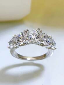 XUJIA 1pc 5-Stone Ring, Women's Round Cut Moissanite Engagement Ring, 925 Sterling Silver, D-E Color, VVS1 Clarity, 6.5mm, 6mm And 5mm Moissanite, Anniversary Wedding Band, Jewelry Gift - Silver - View 6