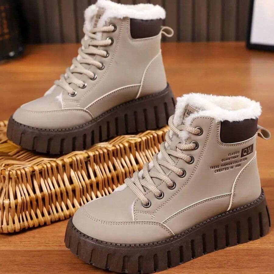 Women's Short, Thick, Plush-Lined, Warm Ankle Boots With A Thick, Non-Slip, Soft Sole And Lace-Up Design, Making Them An Ideal Choice For Women In Winter. - 卡其色 - 查看 1