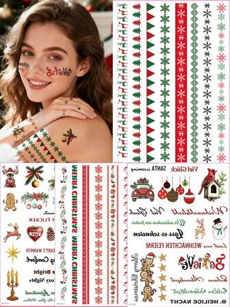 （4张/套）圣诞氛围蜡烛贴纸，节日纹身贴纸，增添节日气氛，可粘贴于蜡烛、杯子和光滑表面，也可贴于皮肤上。贴纸包含红旗、圣诞树、驯鹿、雪花、姜饼人、装饰品等元素，可自行DIY或作为圣诞礼物赠送亲朋好友。