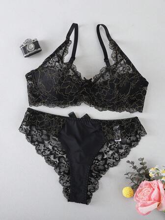 1 Set Of 2pcs Lace Sexy Push-Up Bra And Panty Set