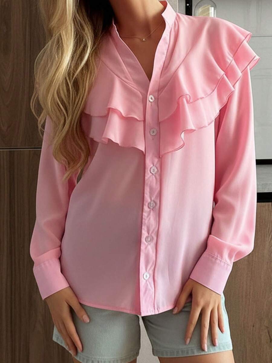 Women's V Neck Ruffle Shirts Fashionable Solid Color Long Sleeve Loose Fit Button Down Blouse - 粉色 - 查看 1