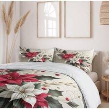 Winter Duvet Cover Set, Merry Theme Delicate Snowflakes, Vintage Holiday Pattern, 3 Piece Bedding Set With 2 Pillow Shams, Size, Teal White - 淡朱紅色和灰藍綠色 - 查看 8