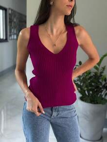 V-Neck Knit Tank Top, Modal Fabric, Summer, New Collection. - 黑莓 - 查看 1