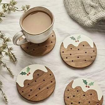 3/2/1Christmas Pudding Wooden Coasters, Wooden Coasters For Home, Office, Cafe, Tea House Decoration, Table Decoration, Restaurant Decoration, Gifts, Christmas Party Supplies