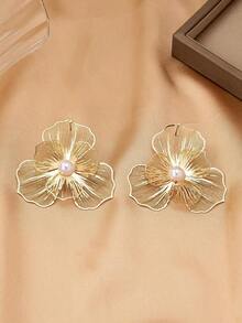 1 Pair Vintage Elegant Metallic Gold Textured Floral Pendant Earrings, Suitable For Women's Daily, Party, Holiday, Gift - 黃金 3 - 查看 6