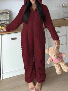 1pc Women's Hooded Jumpsuit With Ears, Heart Pattern, Cozy & Comfortable, Warm For Autumn/Winter - Redwood - View 8