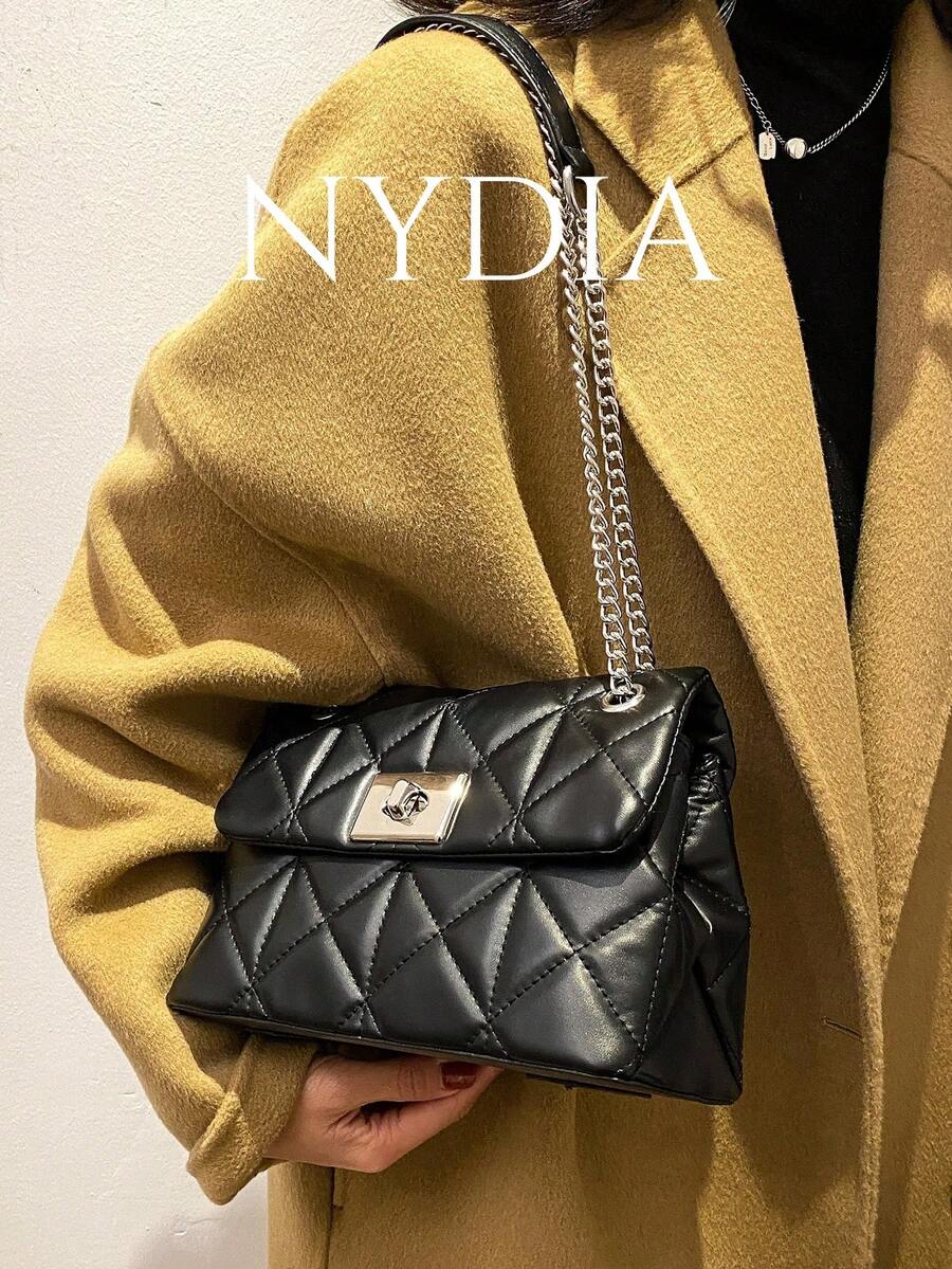 Quilted Twist Lock Chain Square Bag - Black - View 1