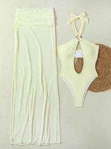 مجموعة بدلة سباحة نسائية من قطعة واحدة مع حلقة معدنية مفرغة وتنورة ماكسي متدلية، طراز فاخر لموضة الشاطئ والمنتجعات، مجموعة من قطعتين - أصفر فاتح - مشاهدة 2