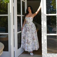 European And American Fashion Women's Floral Print Waist-Cinching Strap Dress New Summer Vacation Style French Long Dress For Women - 杏色 - 查看 5