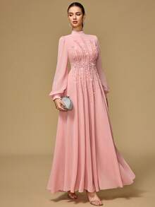 Women's Elegant Long Sleeve Dress With Stand Collar, Front Beaded Ruched Design, Dyed Button Closure - Pink - View 4