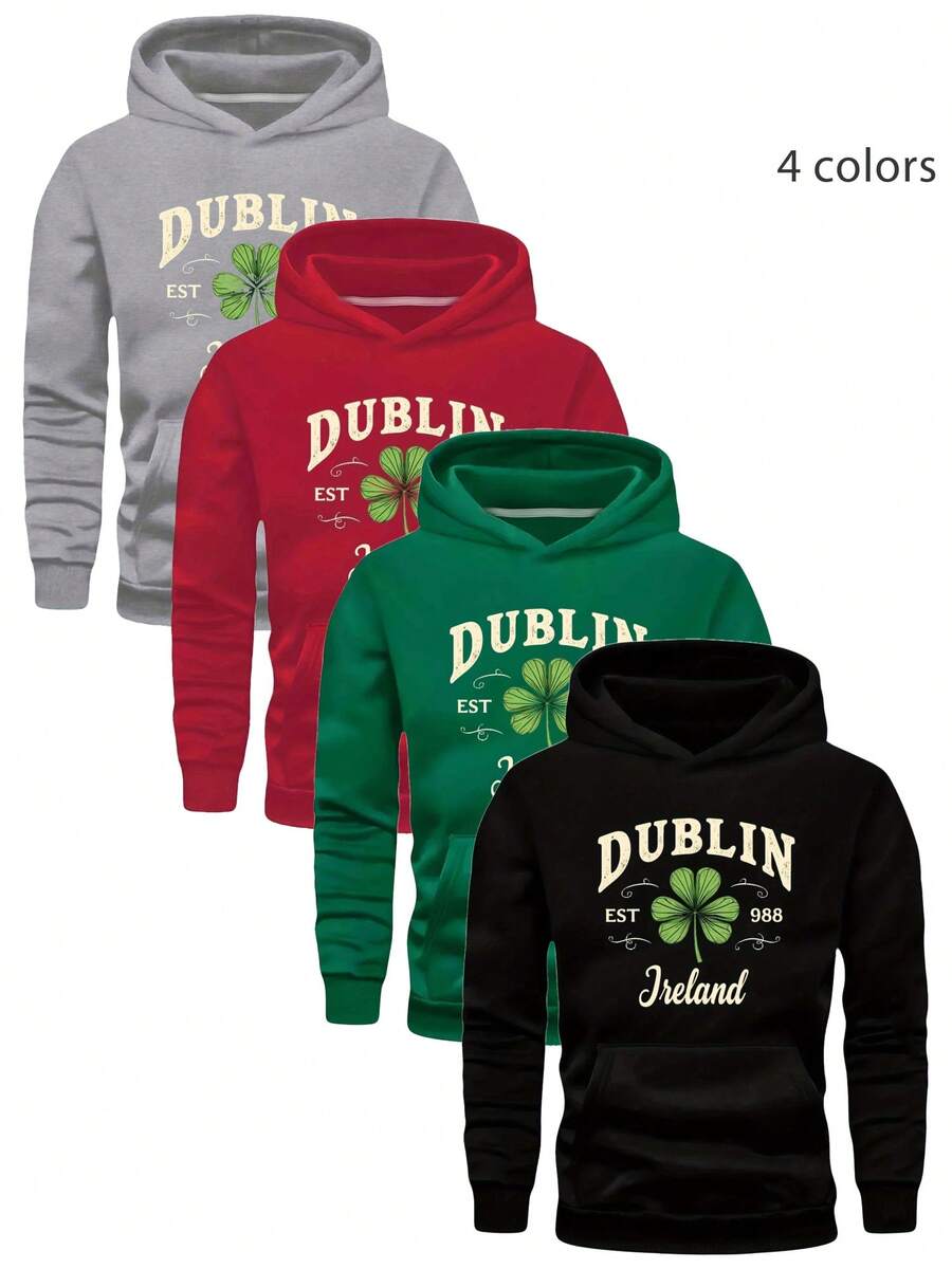 Dreiklee Men's Plus Size Hoodie - Dublin Ireland Pattern Print, Loose Fit Gray Casual Sweatshirt With Front Pocket, Machine Washable, Large Size - 黑色 - 查看 1