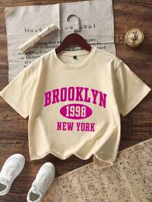 3pcs Tween Girls' Casual Graphic Print Crew Neck Short Sleeve T-Shirts, Summer Tops - Apricot - View 3