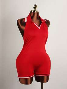 Mono de verano sexy de unicolor, ajustado, sin mangas, con cuello halter, espalda descubierta y escote pronunciado, para uso en club, para mujeres